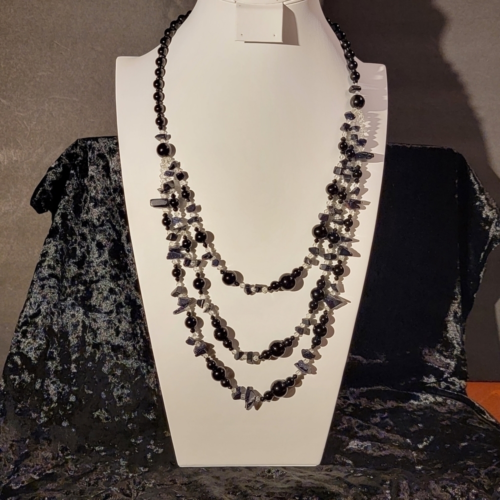 Triple Strand Black Glass Bead, Clear Bead and Black Stone Necklace - Picture 2 of 10